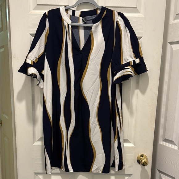 Stylish Navy and Gold Striped Mini Dress - Picture 2 of 8